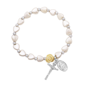 Girl's Religious Heart Shape Bead Stretch Bracelet with Miraculous Medal and Cross Charms