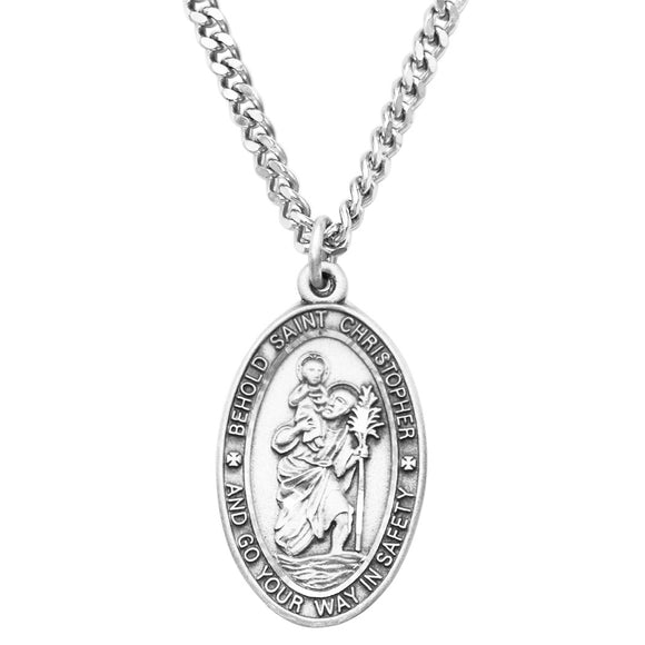 Pewter Religious Saint Medal Oval Pendant Necklace, 24