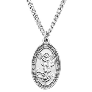 Pewter Religious Saint Medal Oval Pendant Necklace, 24"  (Saint Michael The Archangel)