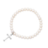 Girl's 4mm Cultured Fresh Water Pearl Stretch Bracelet Sterling Silver Cross Charm