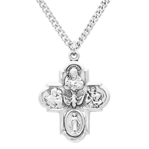 Sterling Silver Traditional Catholic Four Way Cross Medal Pendant Necklace, 24