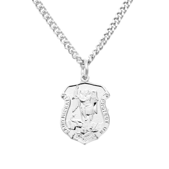 Sterling Silver Saint Michael Police Badge Pendant Necklace, 20