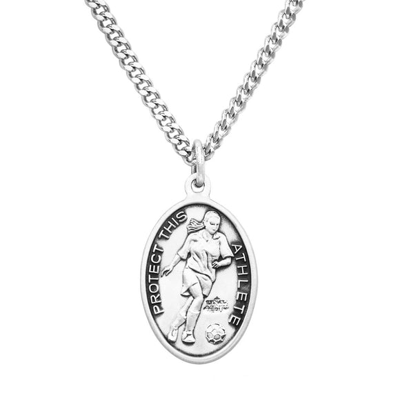 Women's Sterling Silver Saint Christopher Protect This Athlete Sports Medal Pendant Necklace, 18
