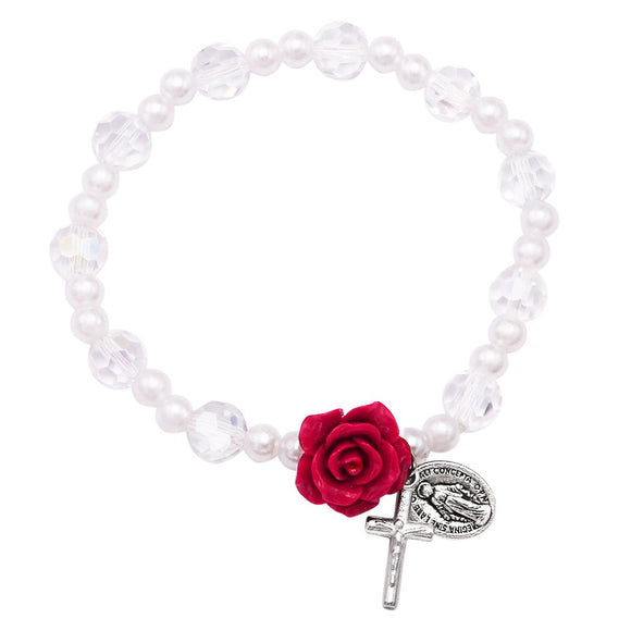 Imitation Pearl and Crystal Beaded Stretch Rosary Bracelet with Crucifix, Miraculous Medal and Red Rose