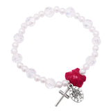 Imitation Pearl and Crystal Beaded Stretch Rosary Bracelet with Crucifix, Miraculous Medal and Red Rose