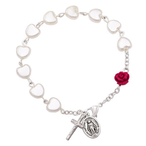 Religious Heart Shaped Imitation Pearl Bead Rosary Bracelet with Red Rose, 7.5"