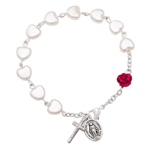 Religious Heart Shaped Imitation Pearl Bead Rosary Bracelet with Red Rose, 7.5