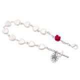 Religious Heart Shaped Imitation Pearl Bead Rosary Bracelet with Red Rose, 7.5"