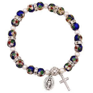 Blue Cloisonne Beaded Stretch Rosary Bracelet with Crucifix, Miraculous Medal