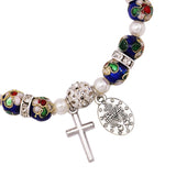 Blue Cloisonne Beaded Stretch Rosary Bracelet with Crucifix, Miraculous Medal