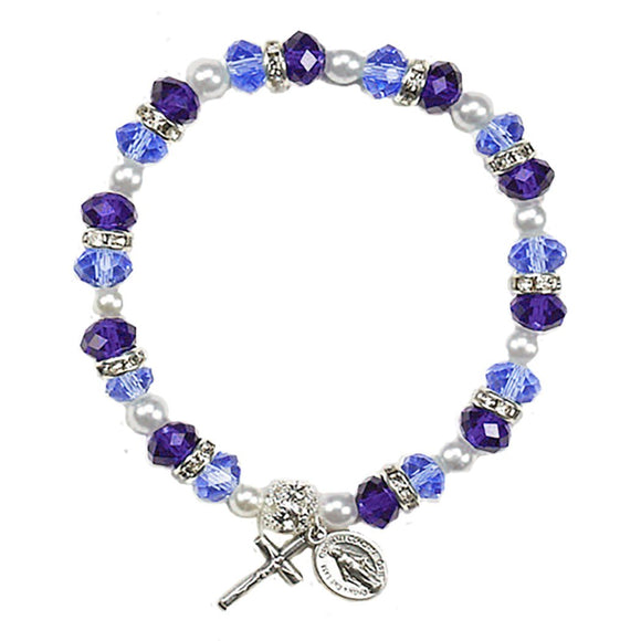 Beaded Stretch Rosary Bracelet with Crucifix and Miraculous Medal (Light and Dark Blue)