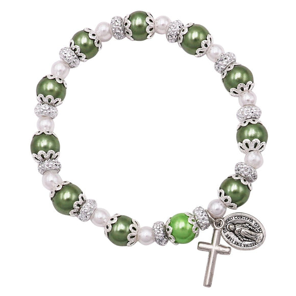 Simulated Pearl Beaded Stretch Rosary Bracelet with Crucifix and Miraculous Medal