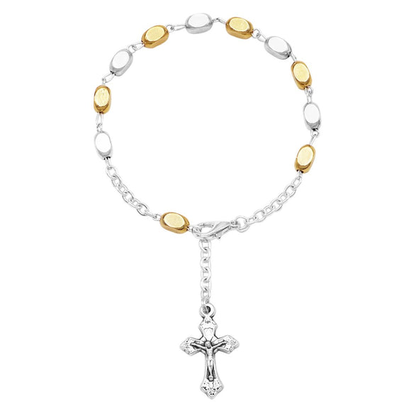 Two Tone Bead Link Chain Rosary Bracelet with Crucifix Medal, Adjustable 6.75