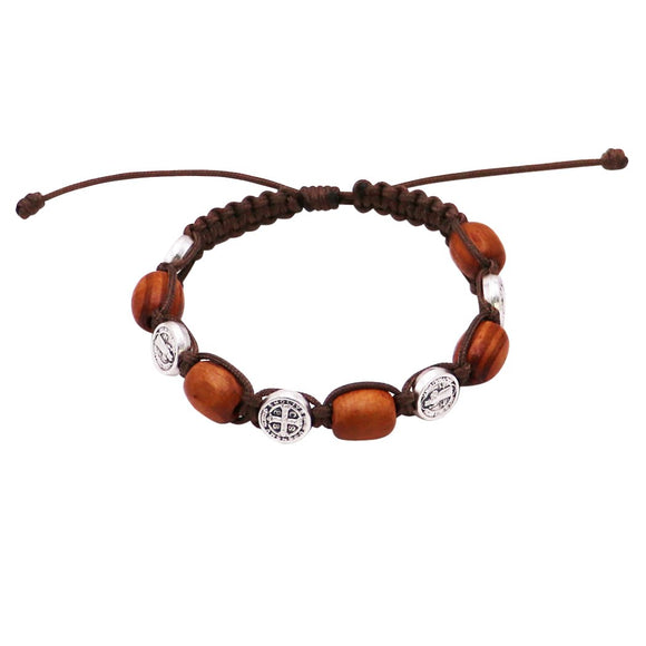 Imported from Italy Religious Saint Benedict Medals and Wood Beads Adjustable Slip Knot Bracelet