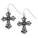 Decorative Metal Swirl Design Cross Religious Dangle Earrings, 1.5"