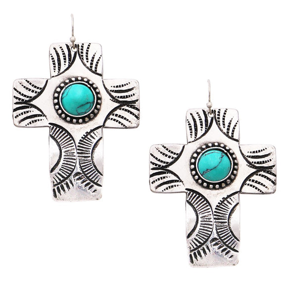 Western Style Statement Textured Metal Cross With Turquoise Howlite Dangle Earrings  2.25