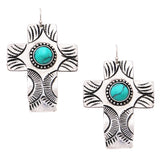 Western Style Statement Textured Metal Cross With Turquoise Howlite Dangle Earrings  2.25"