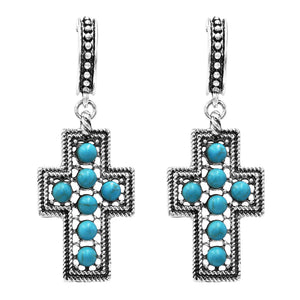 Western Style Hoop With Turquoise Beaded Cross Earrings, 2.25"