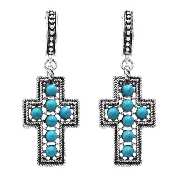 Western Style Hoop With Turquoise Beaded Cross Earrings, 2.25