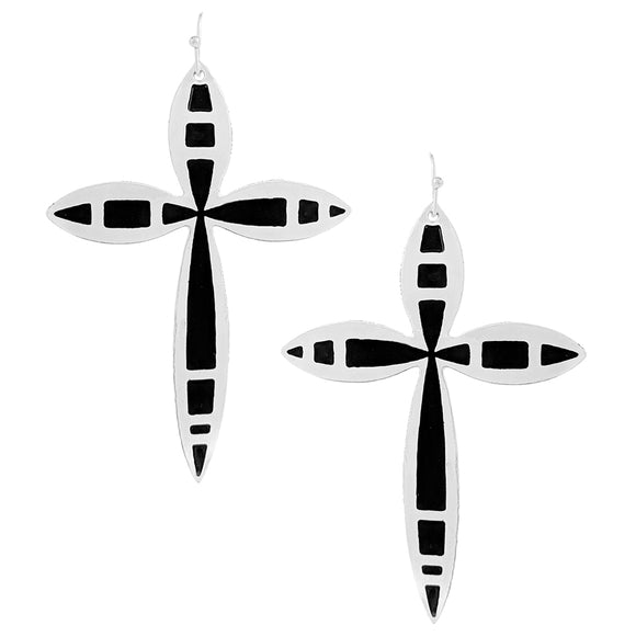 Sleek Black Enamel Christian Cross Polished Silver Tone Dangle Earrings, 3
