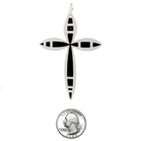 Sleek Black Enamel Christian Cross Polished Silver Tone Dangle Earrings, 3"