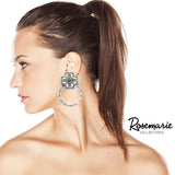 Unique Western Style Cross Howlite Center Two Tone Hoop Dangle Earrings, 3" (See Available Colors))