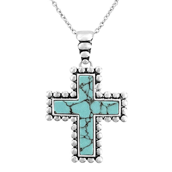 Rosemarie's Religious Gifts Cowgirl Chic Statement Western Style Christian Turquoise Cross Charms on Vegan Leather Braided Cord Necklace Earrings Gift Set,18+3 Extension