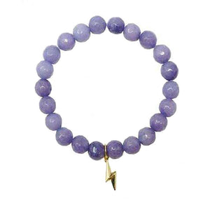 Holistic Healing Natural Semi Precious Beaded Stone Stretch Bracelet with 18 Karat Gold Plated Charm (Lavender Amethyst with Lightning Bolt Charm)