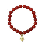Holistic Healing Natural Semi Precious Beaded Stone Stretch Bracelet with 18 Karat Gold Plated Charm (Red Jade with Hamsa Charm)