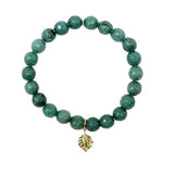 Holistic Healing Natural Semi Precious Beaded Stone Stretch Bracelet with 18 Karat Gold Plated Charm (Malachite with Leaf Charm)