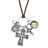 Vintage Cross Charms Holy Medal Pendant Corded Vegan Suede Long Necklace, 32"+3" Extender