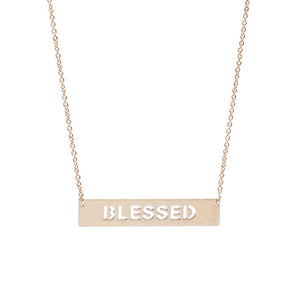 Inspirational Bar Pendant Necklace "Blessed" (Gold Tone Block Letter)
