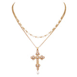 Christian Cross With Simulated Pearls Double Strand Gold Tone Chain Necklace,16"+3" Extension (Budded Cross)