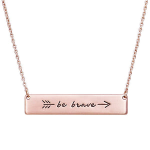 "Be Brave" Rose Gold Tone Horizontal Inspirational Bar Pendant Necklace, 16"+3" Extender