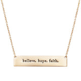 "Believe Hope Faith" Gold Tone Horizontal Inspirational Bar Pendant Necklace, 16"+3" Extender