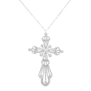 Large Silver Tone Statement Decorative Crystal Rhinestone Cross Pendant Necklace 27+3" Extender