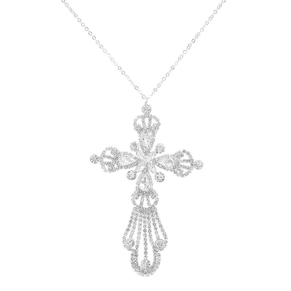 Large Silver Tone Statement Decorative Crystal Rhinestone Cross Pendant Necklace 27+3