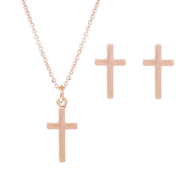 Simple Textured Cross Pendant Necklace Hypoallergenic Post Earrings, 16