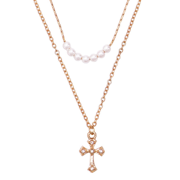 Dainty Cross and Simulated Pearls Two Strand Chain Necklace,16