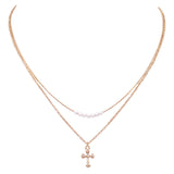 Dainty Cross and Simulated Pearls Two Strand Chain Necklace,16"-19" with 3" Extension