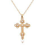 Cross And Simulated Pearls 2 Strand Multi Chain Necklace,16"+3" Extension (Budded Cross Single Strand)