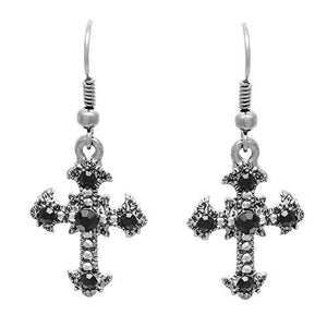Stunning Jet Black Glass Crystal Cross Dangle Earrings 1.5"