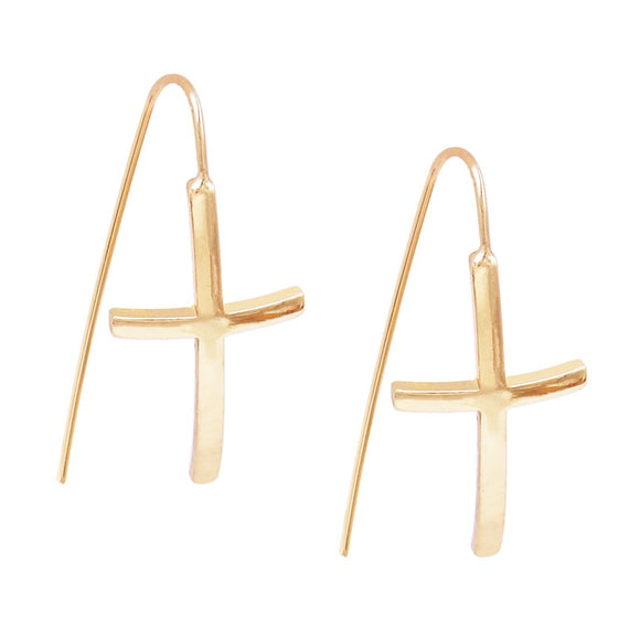 Stylish Gold Tone Curved Metal Cross Religious Dangle Earrings, 1.5