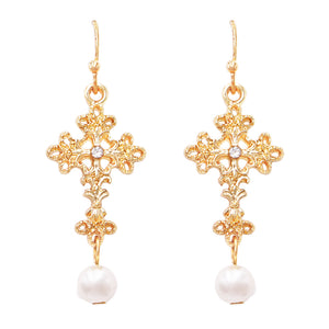Stunning Metal Cross With Simulated Pearl Crystal Dangle Earrings, 1.75" (Heart Center Cross)