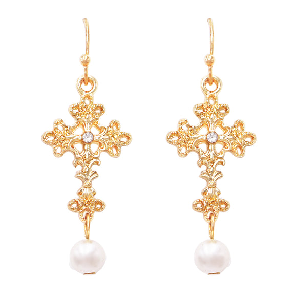 Stunning Metal Cross With Simulated Pearl Crystal Dangle Earrings, 1.75