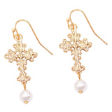 Stunning Metal Cross With Simulated Pearl Crystal Dangle Earrings, 1.75" (Heart Center Cross)