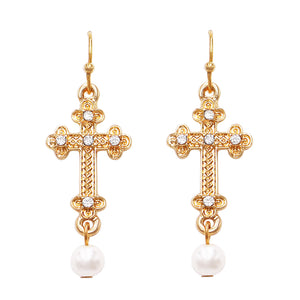 Stunning Metal Cross Simulated Pearl And Crystal Dangle Earrings, 1.75" (Budded Cross)