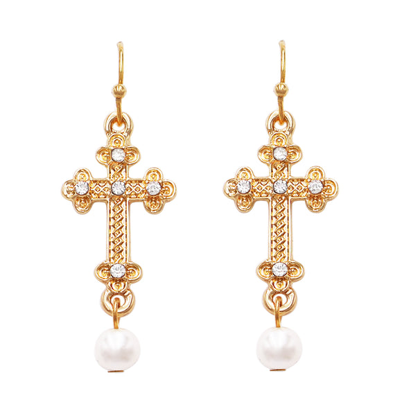 Stunning Metal Cross Simulated Pearl And Crystal Dangle Earrings, 1.75