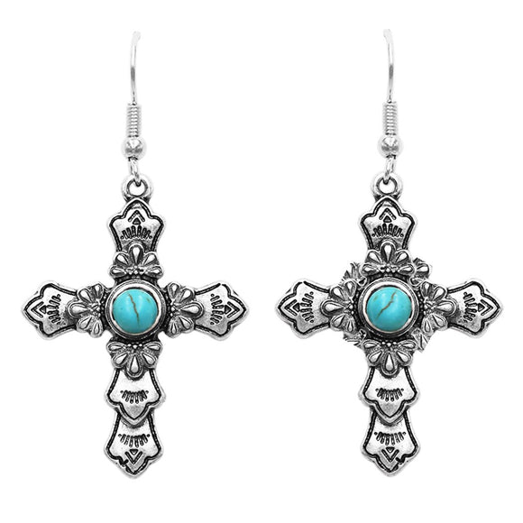 South Western Style Turquoise Howlite Long Decorative Cross Religious Dangle Earrings, 2
