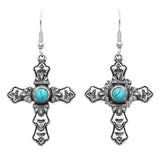 South Western Style Turquoise Howlite Long Decorative Cross Religious Dangle Earrings, 2"